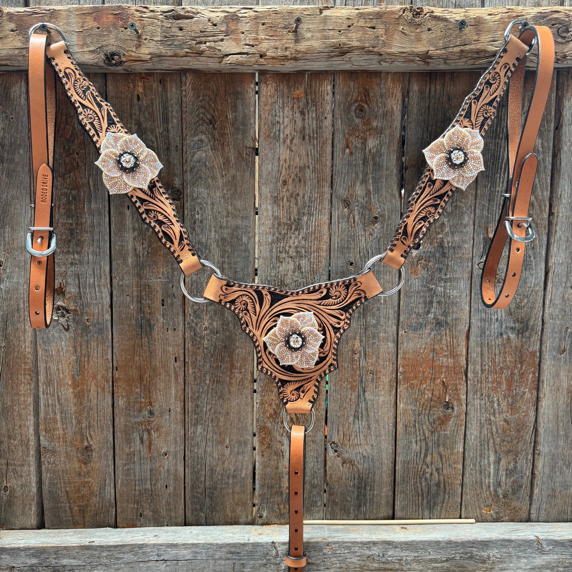 Floral Whipstitch Champagne and Clear Browband - Triangle / Gladiator Breastcollar Tack Set 
