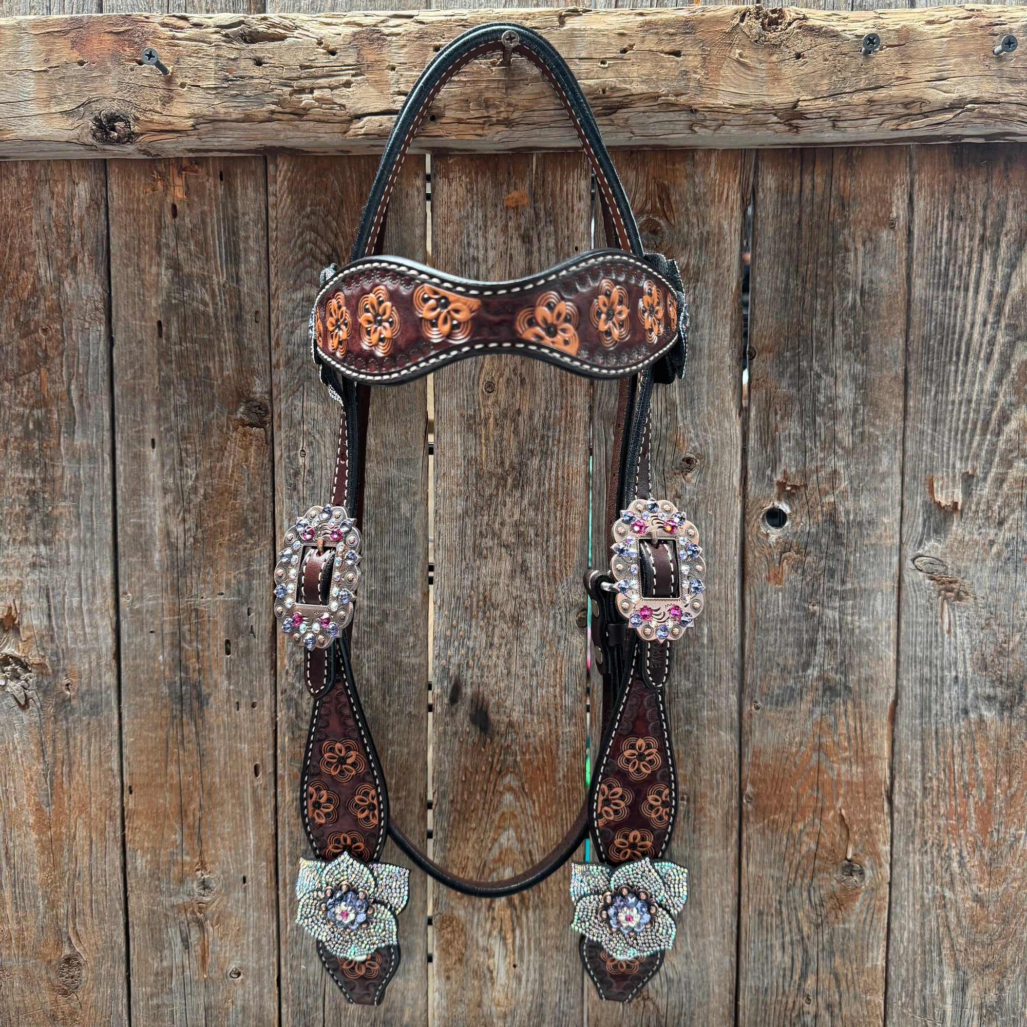 Flower Power Fuchsia, AB and Lilac Browband Headstall &amp; Breastcollar Tack Set 