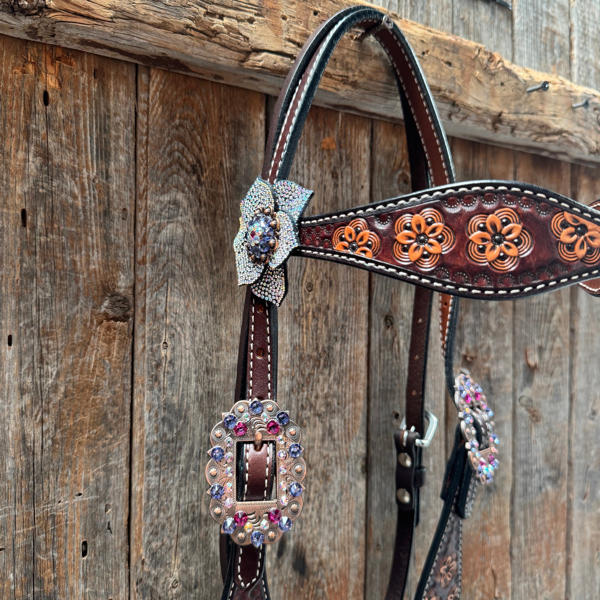 Flower Power Fuchsia, AB and Lilac Browband Headstall &amp; Breastcollar Tack Set 