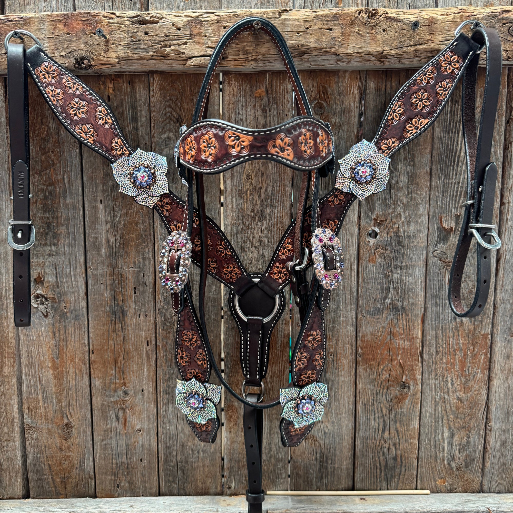 Flower Power Fuchsia, AB and Lilac Browband Headstall &amp; Breastcollar Tack Set 