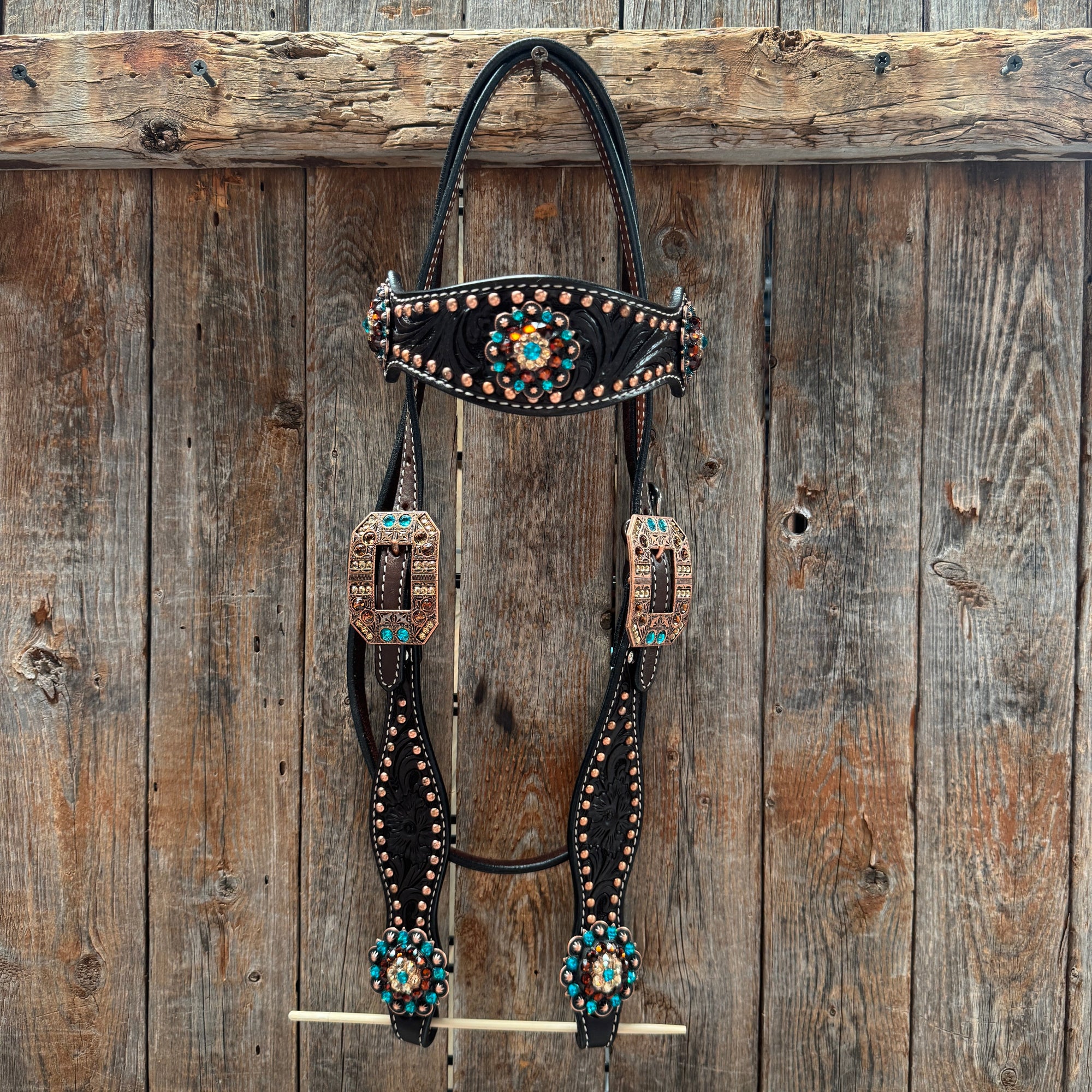 Dark Oil Floral Copper Dot Teal and Champagne Browband / Breastcollar Tack Set 