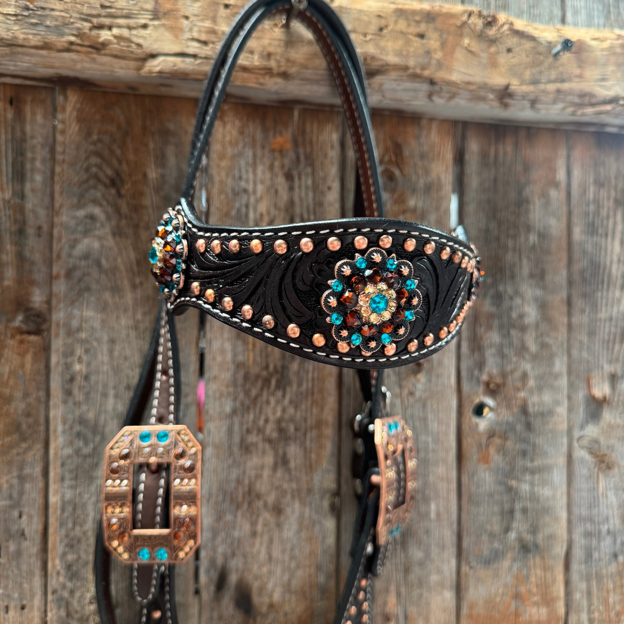 Dark Oil Floral Copper Dot Teal and Champagne Browband / Breastcollar Tack Set 