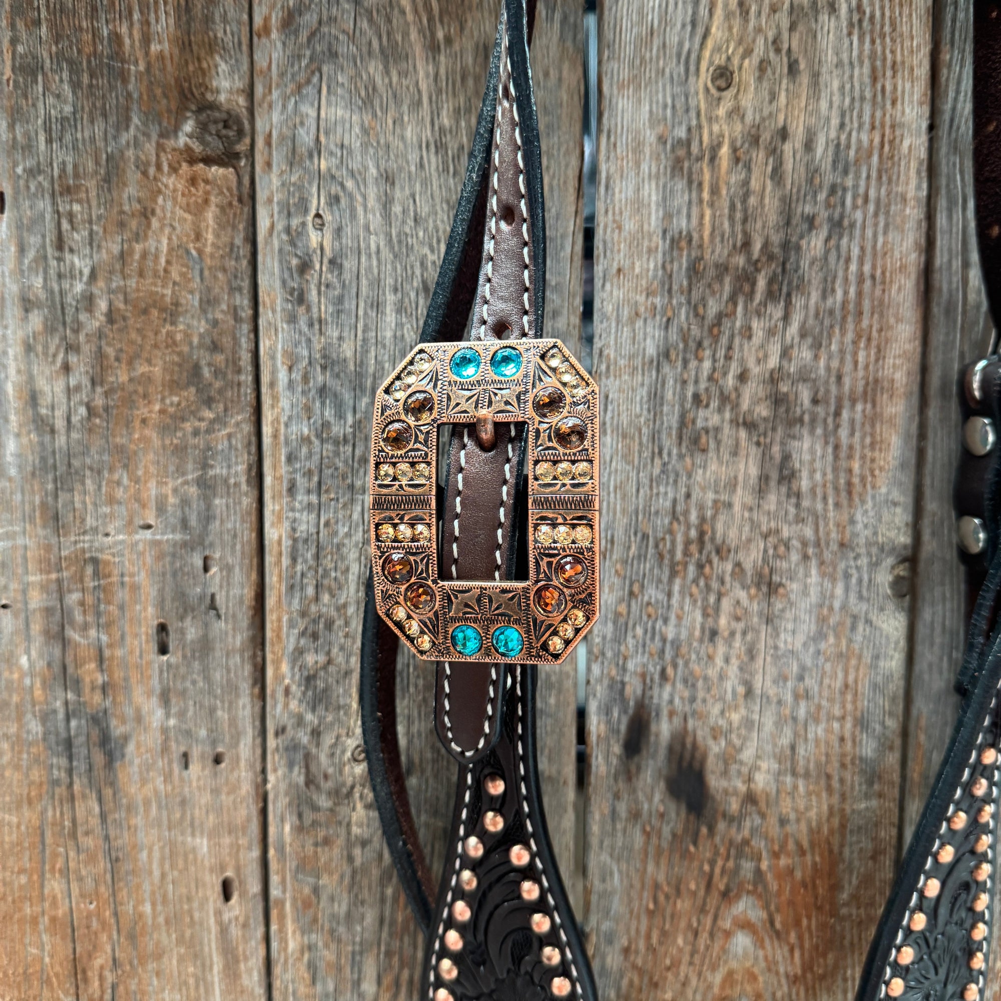 Dark Oil Floral Copper Dot Teal and Champagne Browband / Breastcollar Tack Set 
