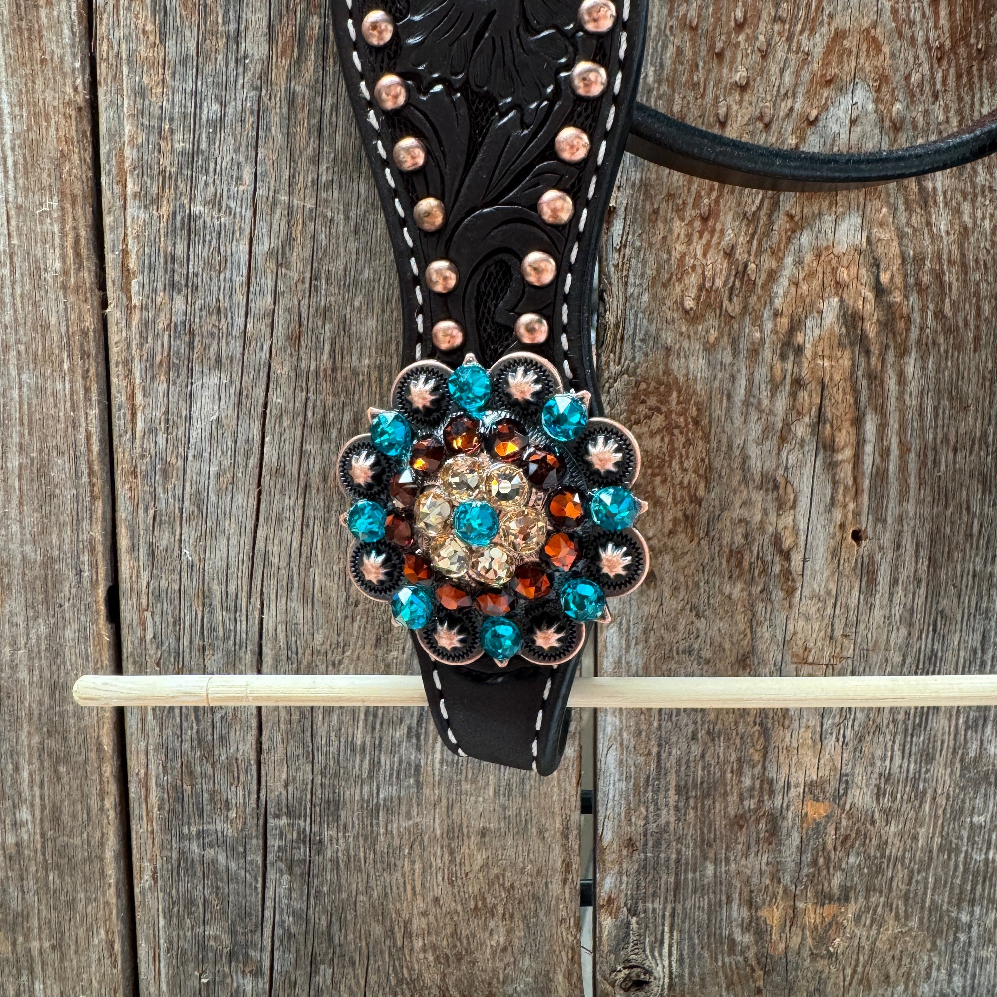 Dark Oil Floral Copper Dot Teal and Champagne Browband / Breastcollar Tack Set 