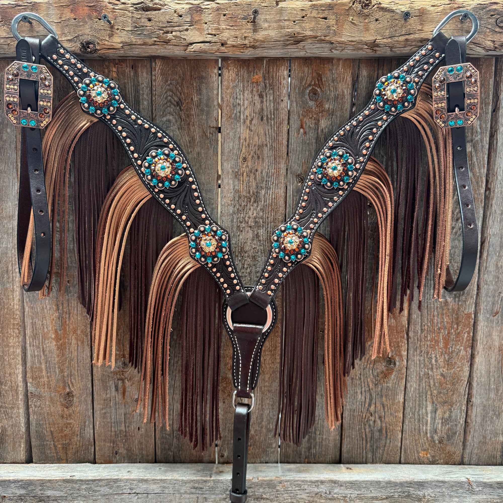Dark Oil Floral Copper Dot Teal and Champagne Browband / Breastcollar Tack Set 