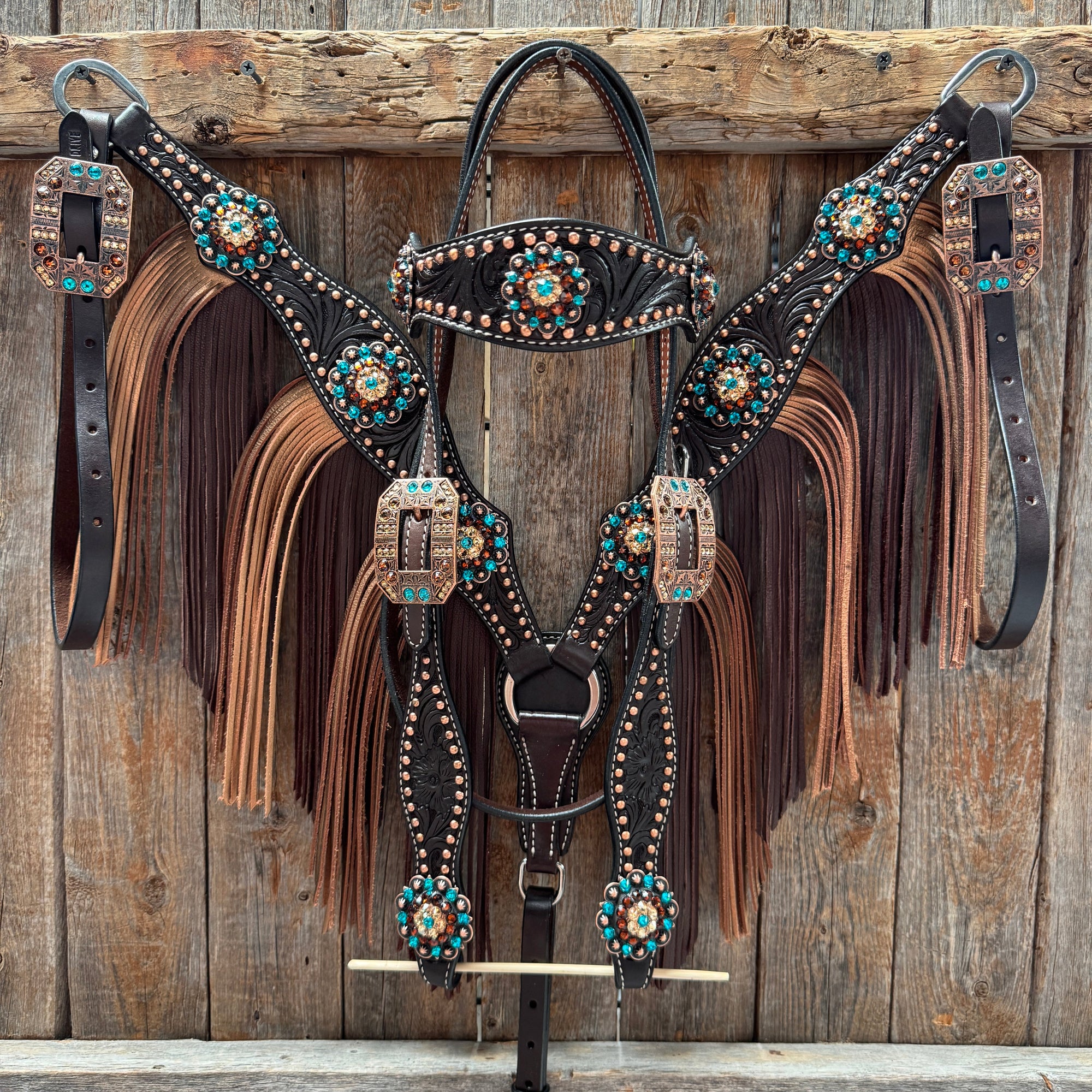 Dark Oil Floral Copper Dot Teal and Champagne Browband / Breastcollar Tack Set 
