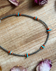Sterling Silver Pearl Necklace with Orange Spiny Oyster & Sleeping Beauty Turquoise Chips – 14.5”