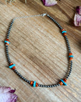 Sterling Silver Pearl Necklace with Orange Spiny Oyster & Sleeping Beauty Turquoise Chips – 14.5”