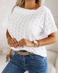 White Eyelet Pattern Boat Neck Casual Tee