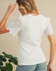 White Eyelet Pattern Puff Sleeve Patchwork Ribbed Top