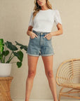 White Eyelet Pattern Puff Sleeve Patchwork Ribbed Top