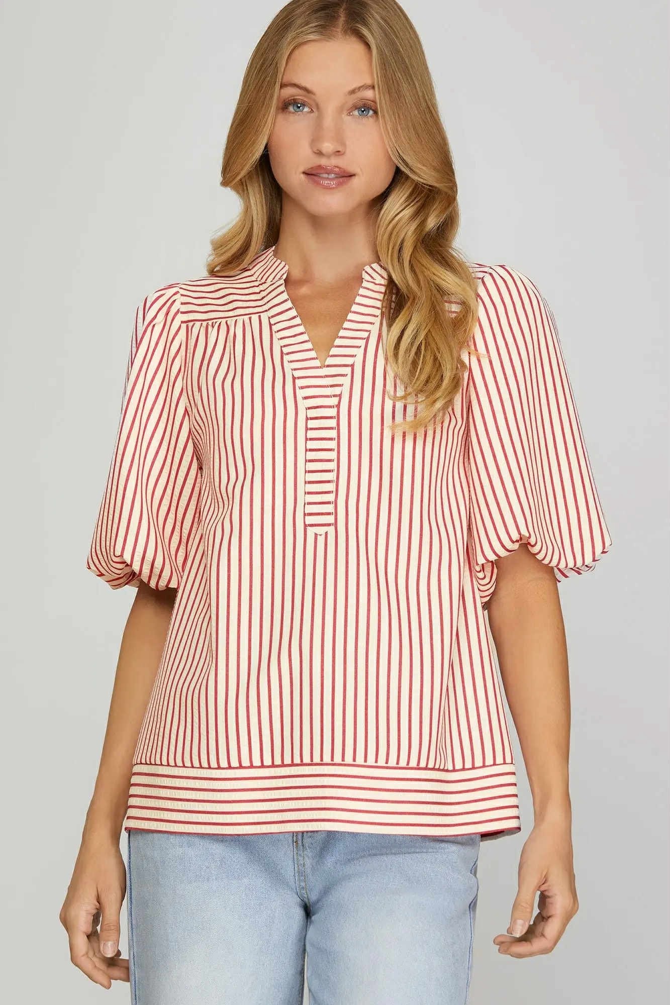 SHE+SKY BUBBLE SLEEVE STRIPED WOVEN TOP
