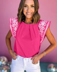 Sachet Pink Floral Embroidered Flutter Sleeve Pleated Neck Blouse