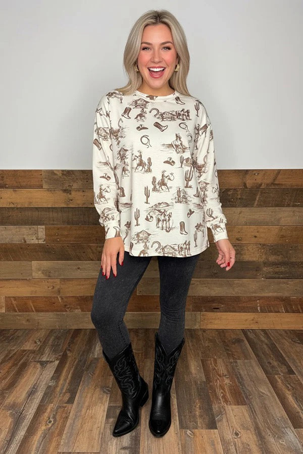 Western riding &amp; cactus printed long sleeve