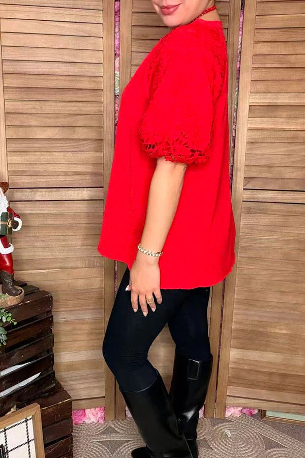 Red lace puff short sleeve
