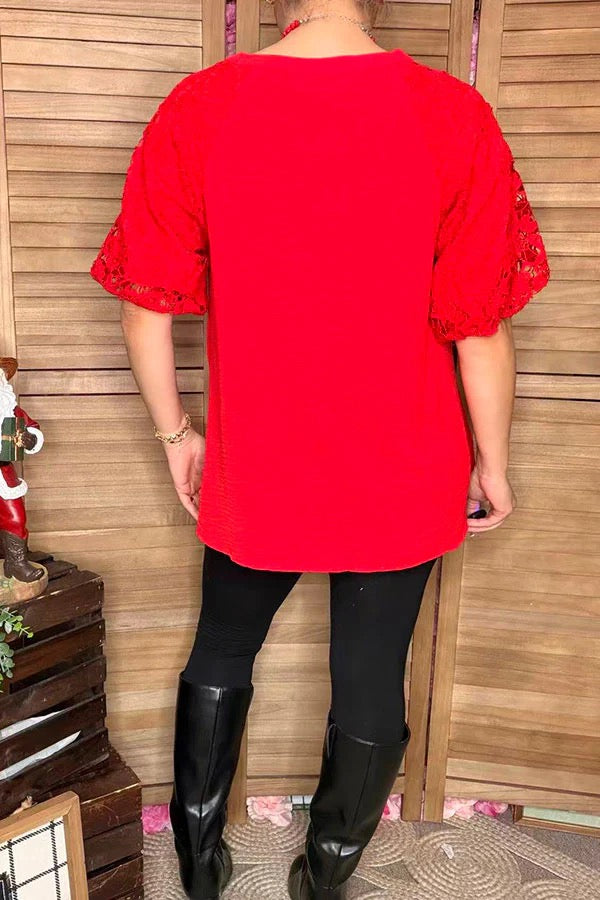 Red lace puff short sleeve