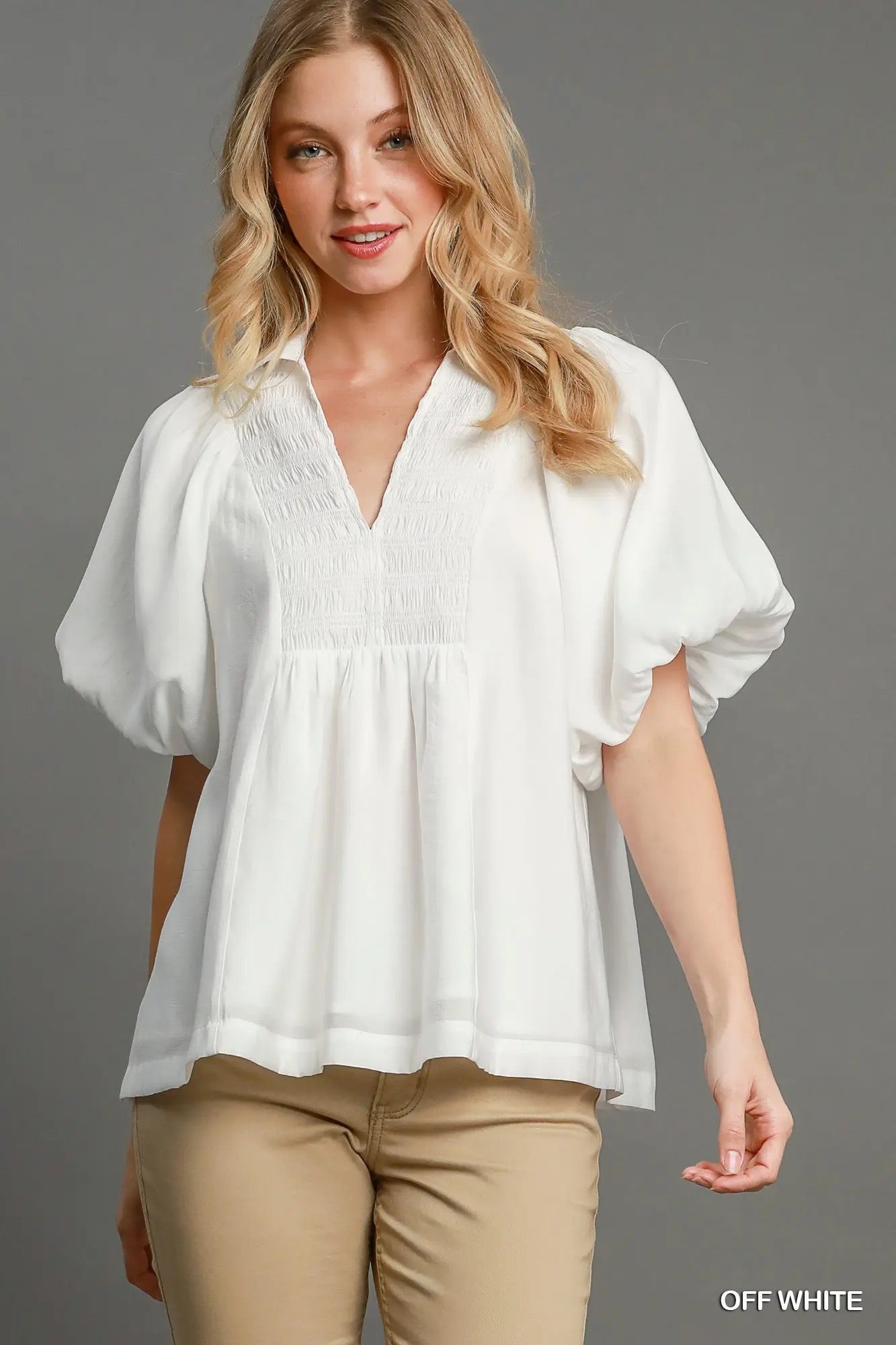 UMGEE Smocked V-Neck Puff Sleeve Top