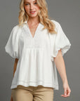 UMGEE Smocked V-Neck Puff Sleeve Top