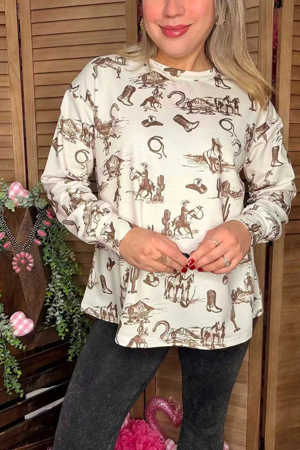 Western riding &amp; cactus printed long sleeve
