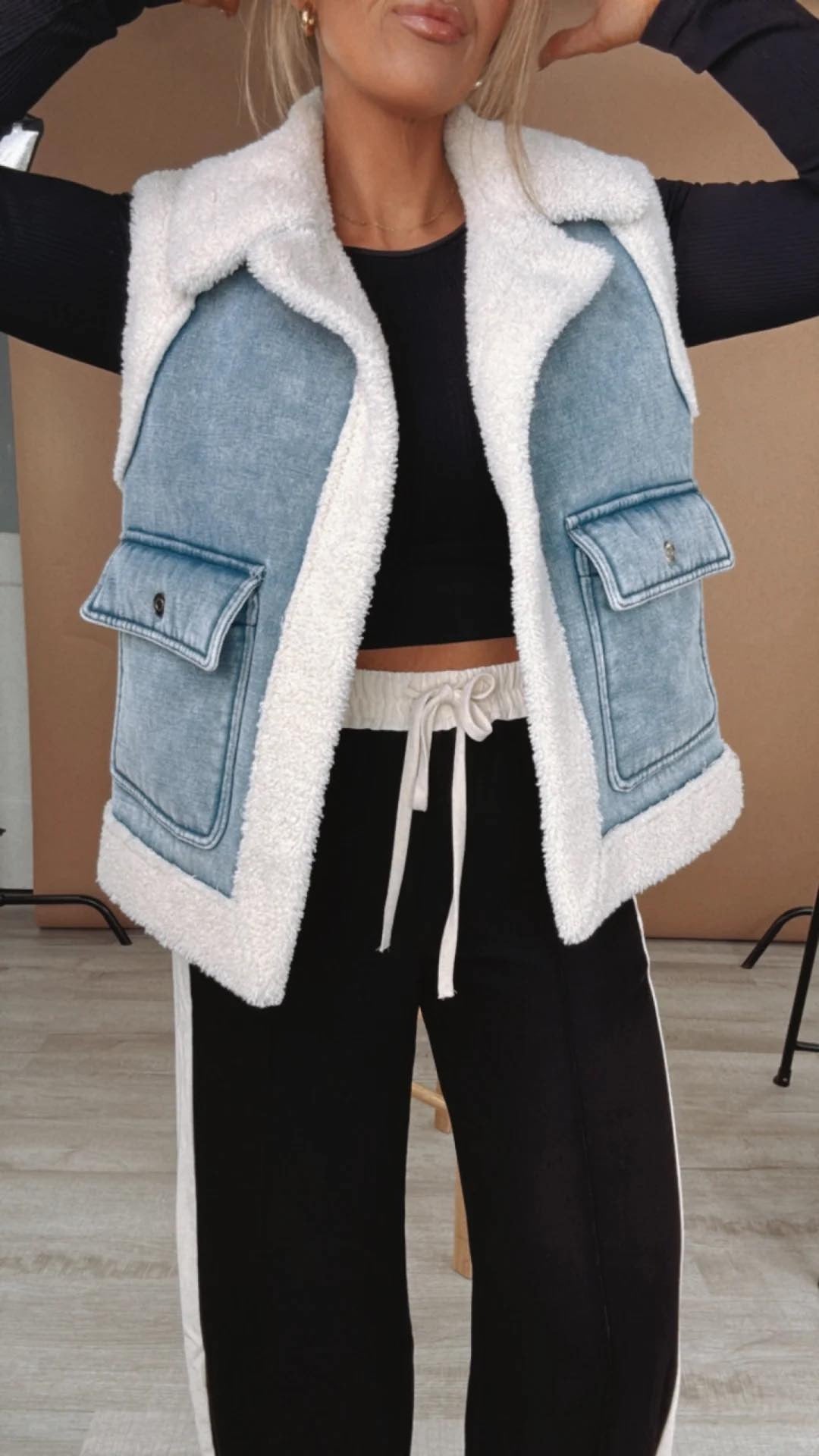 Light Wash Sherpa Lined Vest with Front Pockets