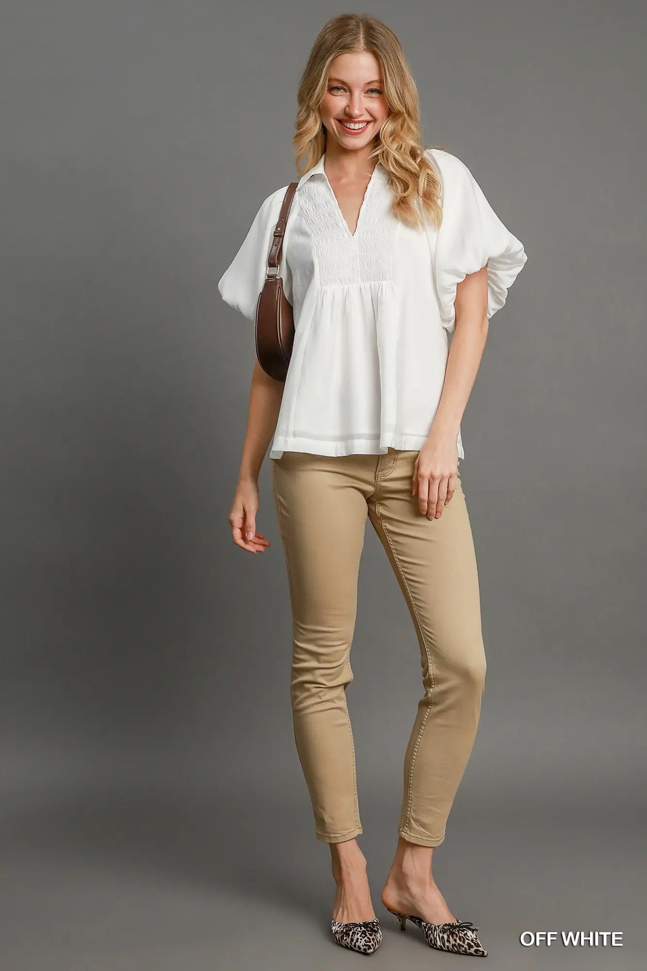 UMGEE Smocked V-Neck Puff Sleeve Top