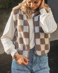 Khaki Checkered Sherpa Collared Jacket Vest