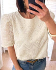 Beige Eyelet Embroidered Puff Sleeve Blouse