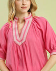 UMGEE Solid Contrast Trim Pleated Top PINK
