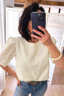 Beige Eyelet Embroidered Puff Sleeve Blouse