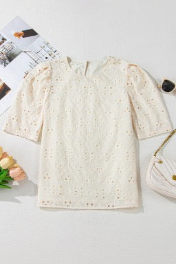 Beige Eyelet Embroidered Puff Sleeve Blouse