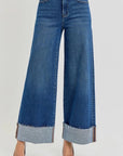 RISEN Tummy control Medium wash wide leg cuff raw hem jeans