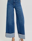 RISEN Tummy control Medium wash wide leg cuff raw hem jeans
