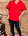 Red lace puff short sleeve
