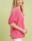 UMGEE Solid Contrast Trim Pleated Top PINK