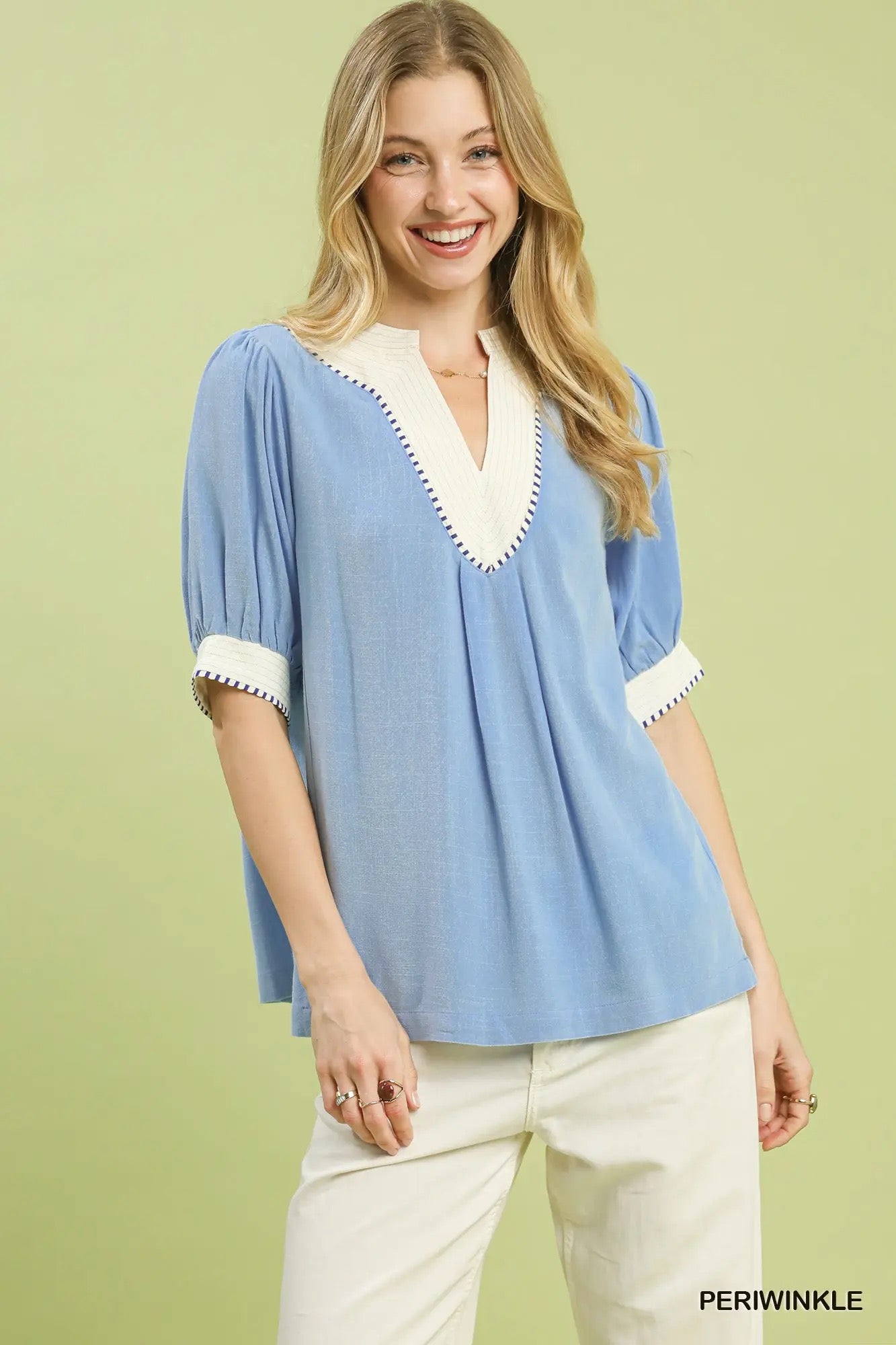 UMGEE Linen Blend Contrast Trim Top PERIWINKLE