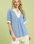UMGEE Linen Blend Contrast Trim Top PERIWINKLE