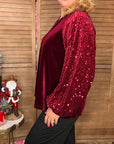Burgundy fleece sequin long sleeves women blouse with buttons
