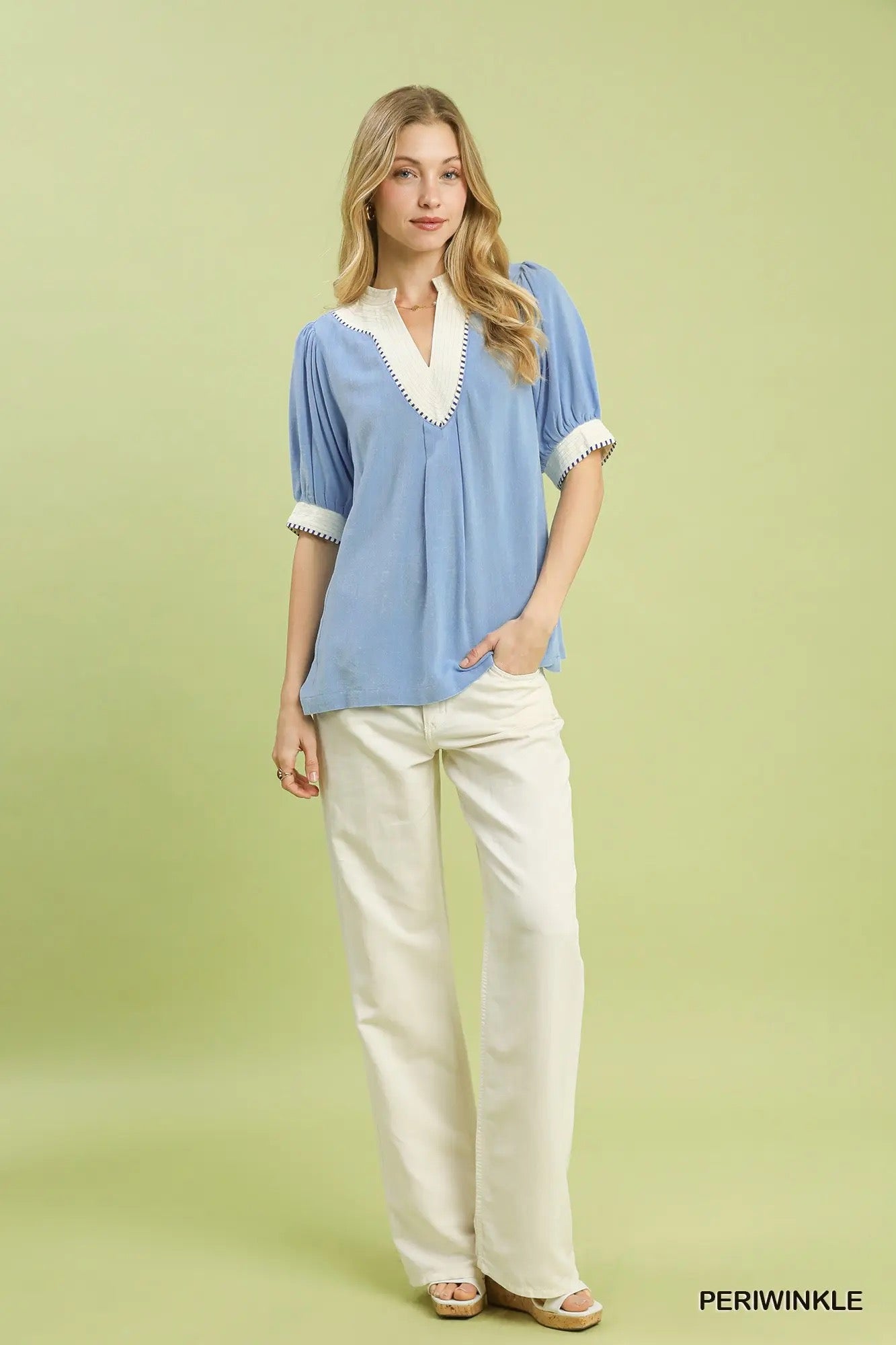 UMGEE Linen Blend Contrast Trim Top PERIWINKLE