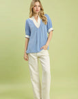 UMGEE Linen Blend Contrast Trim Top PERIWINKLE