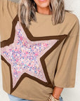 Camel Floral Star Patchwork 3/4 Long Sleeve Top