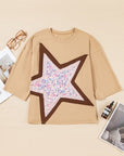 Camel Floral Star Patchwork 3/4 Long Sleeve Top