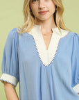 UMGEE Linen Blend Contrast Trim Top PERIWINKLE