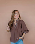 Puff Sleeves V Neck Collared Top