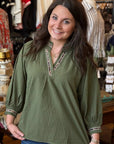 Puff Sleeves V Neck Collared Top