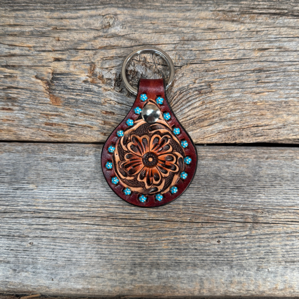 Floral Turquoise Studded Leather Key Chain