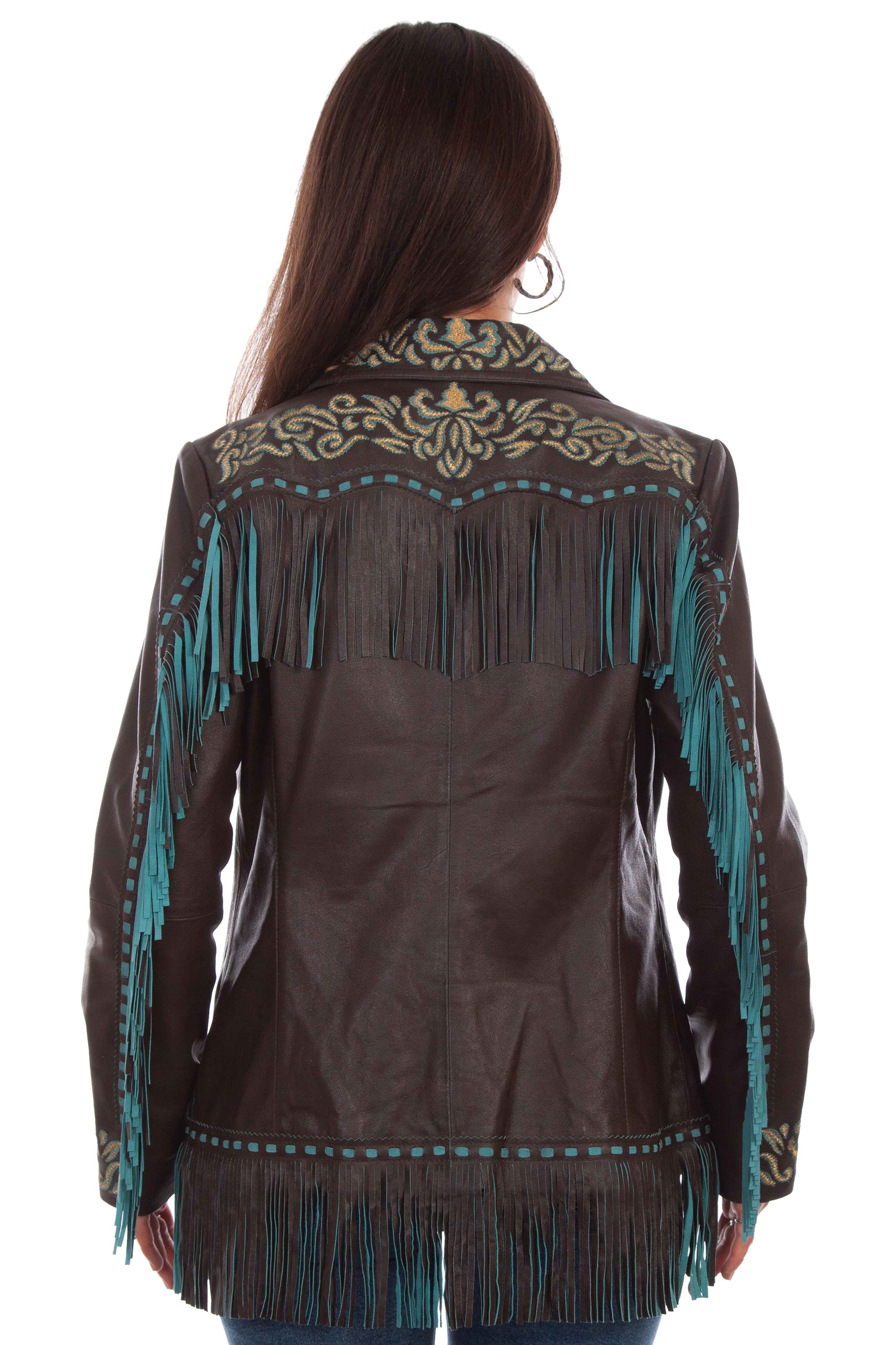 Women's Leather Embroidered Fringe Jacket With Western-Inspired Detailing And Pockets
