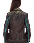 Women's Leather Embroidered Fringe Jacket With Western-Inspired Detailing And Pockets