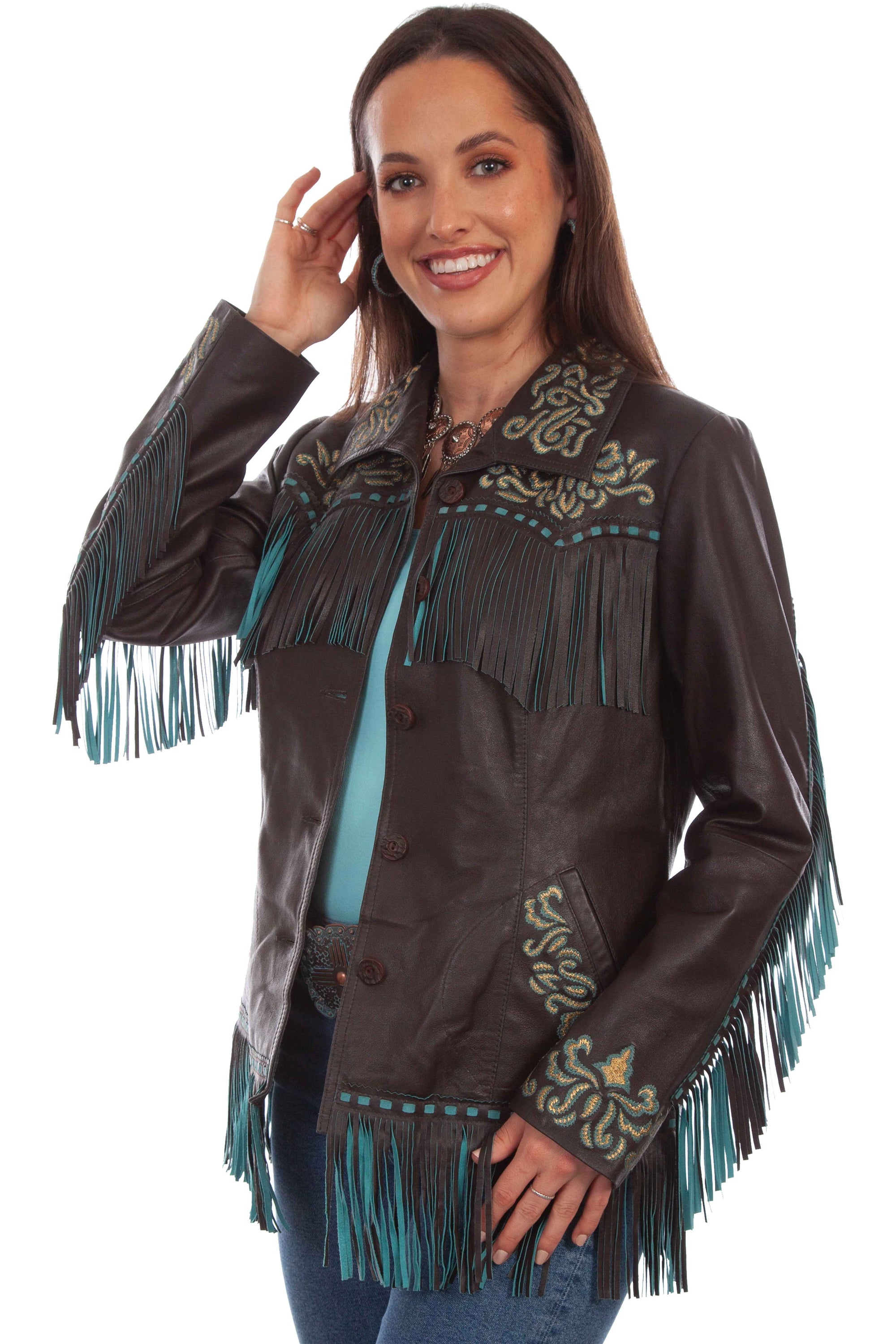 Women's Leather Embroidered Fringe Jacket With Western-Inspired Detailing And Pockets