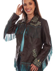 Women's Leather Embroidered Fringe Jacket With Western-Inspired Detailing And Pockets