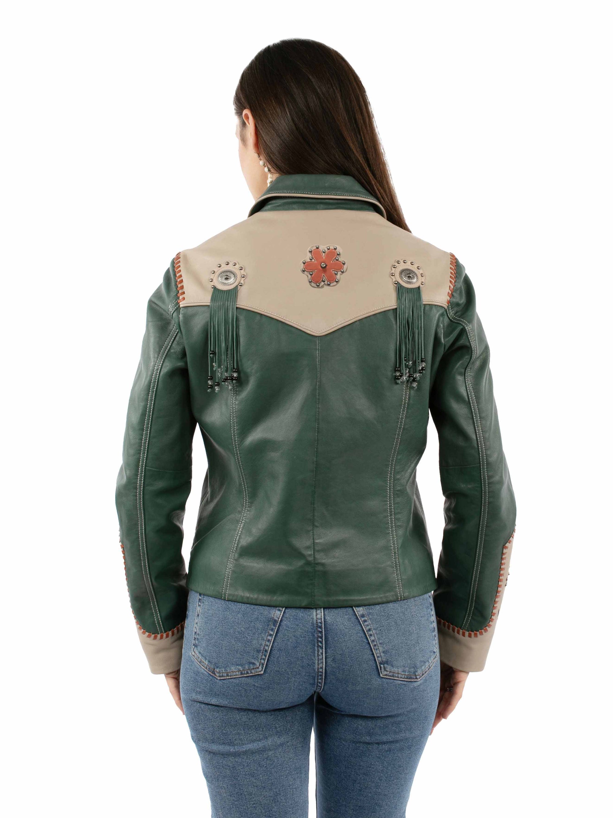 Luxurious Teal Leather Zippered Front Jacket With Exquisite Floral Inlay For Women